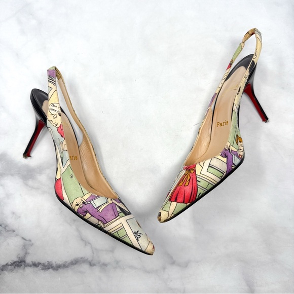 Christian Louboutin Vintage Retro Comic Print Slingback Pointed Toe Pumps Heels - Picture 8 of 15